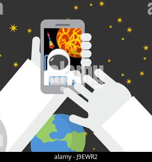 Selfie in space. Astronaut photographed myself on phone against backdrop of a rocket. Vector illustration. Stock Vector