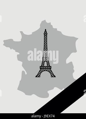 Map of France with mourning Ribbon. Illustration mourned in act of terrorism. French landmark  Eiffel Tower. Stock Vector