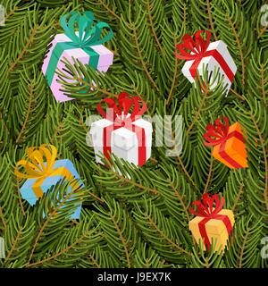 Spruce twigs and gifts seamless pattern. Christmas tree and festive background boxes. Texture for winter holidays: Christmas and new year. Stock Vector