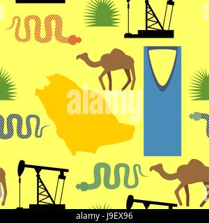 Symbols of Saudi Arabia seamless pattern. Desert and oil pumps, snakes, camels, and cacti. Kingdom tower of Riyadh city. Map Saudi Arabia. Vector back Stock Vector