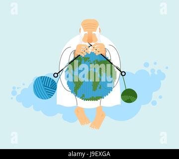 God sitting on cloud and knit planet Earth. Creation of  Earth. An elderly man with beard in white clothes. Knitting balls of wool. Religious illustra Stock Vector
