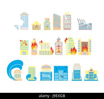 Disaster icon collection. Destruction of buildings set of icons. Earthquake Fault skyscrapers. Fire in business center. Flooding of plant houses, flat Stock Vector