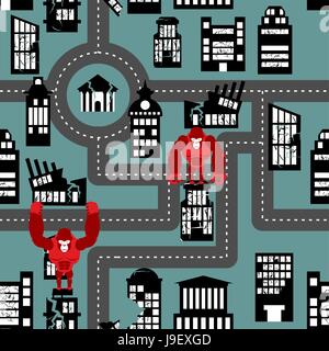 Wild angry Gorilla destroyed city seamless pattern. Big Monkey broke down building. Devastation in city. Destruction of public and residential buildin Stock Vector