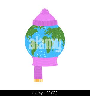 Earth winter. Planet in  knitted hat and scarf. Winter clothes dressed world. Snow falls on ground Stock Vector