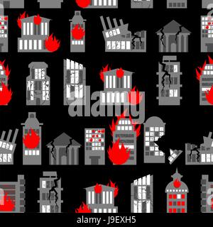 Ruined city seamless pattern. Ruins of buildings. Fire in homes. Background of war - ravaged City. Stock Vector