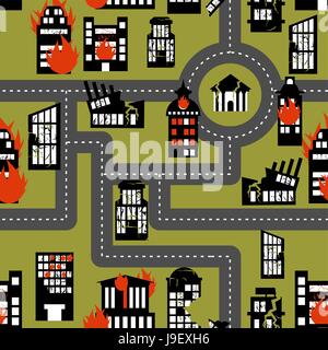 Earthquake in seamless pattern. Urban structures destroyed. Fire in homes. Stock Vector