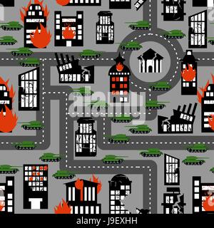 Tanks in seamless pattern. Background of hostilities. Conflict between political entities. Organized armed struggle. Fire and destroyed building. Stock Vector