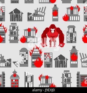 King Kong Ruined building seamless pattern. Dangerous Big Gorilla broke city. Destroyed buildings. Angry Monkey and fire in houses Stock Vector