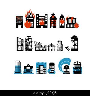 Silhouettes of buildings from natural disasters. Destruction of city. Flooding and fire. Consequence of earthquake - shattered home. Stock Vector