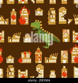 Monster destroys city. Street and House broken. Godzilla in seamless pattern. Scary dinosaur destroyed urban structure. Scary big green animal and off Stock Vector