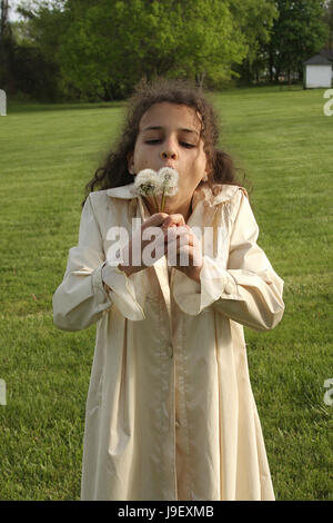 Girl blowing into dandelion puffs Stock Photo