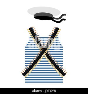 Striped vest shirt-clothing sailor man. Tape with bullets. Cartridge belt bandoleer. Peakless Hat Cap Russian sailor man. Set of clothes and gear of t Stock Vector