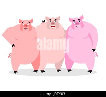 3 pigs. Three piglets. Funny farm animals. Good character from fairy tale. Thick pink beast. Lovely boar Stock Vector