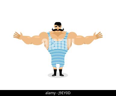 Happy Retro sportsman spread his arms in an embrace. Good natured Strong circus performer. Ancient bodybuilder with mustache. Cute vintage good athlet Stock Vector