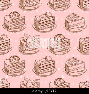 Piece of cake on plate seamless pattern. drawing Pie background. Ornament for fabric Stock Vector