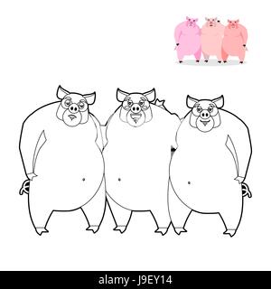 3 pig coloring book. Three Little Pigs in  linear style. Funny farm animals. Good character from fairy tale. Thick pink animal. Lovely boar Stock Vector