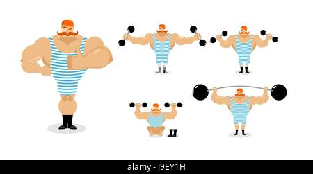 Retro athlete set poses. Ancient bodybuilder with red mustache emotions. Sportsman in striped suit, and good evil. Sad and happy Strong circus perform Stock Vector
