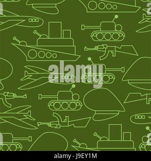 Military seamless pattern. Ship and tank. Auto and aircraft. Army ornament. Soldier green background. Texture for February 23 Day of Fatherland Defend Stock Vector