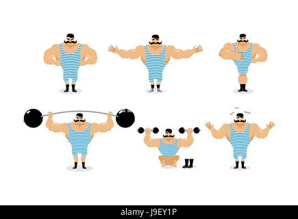 Strong retro athlete set poses. Ancient bodybuilder with mustache emotions. Sportsman in striped suit, and good evil. Sad and happy Strong circus perf Stock Vector