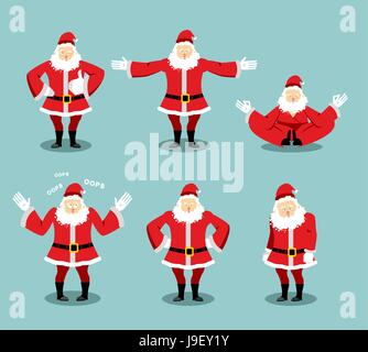 Santa Claus set different poses. Santa with  beard in red suit expression of emotions. Christmas Evil character and kind. Sad and happy. Aggressive an Stock Vector