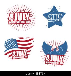 Grunge sign for Independence Day in America. Star and paint splatter. Eagle with wings. Statue of Liberty and paint strokes. Set of posters for public Stock Vector