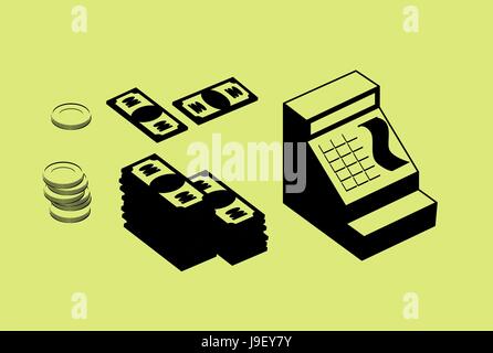 Cash register and money. Pile of cash and coins. Set financial icons. Stock Vector