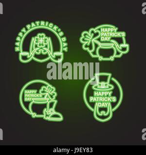Happy Patricks day Happy set of emblems. Neon sign for pub and bar. Leprechaun beard and mug of beer. Clover and pot with gold coins. Sign for nationa Stock Vector