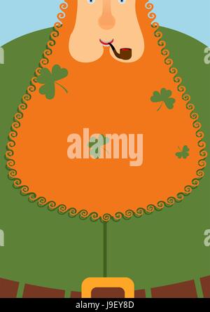 Good leprechaun.. Portrait of cheerful old man with Red Beard. Green frock coat and belt. Clover in big beard. Character for St. Patricks Day March 17 Stock Vector