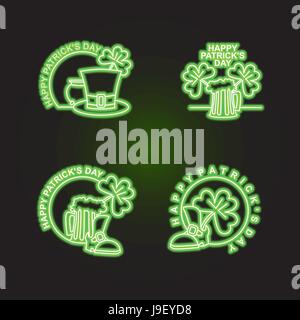 Set logo Patricks day. Neon sign shines in dark green. Characters of Irish holiday beer mug and clover. pint of ALE and leprechaun Hat. Emblem for Iri Stock Vector