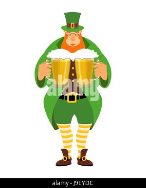 Leprechaun and beer. Good leprechaun keeps two mugs of beer. Cute old man in Green Hat cylinder. Old green jacket and striped leggings. Irish mytholog Stock Vector