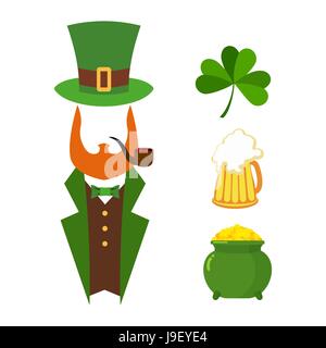 Patricks day set of elements. Green clover. Mug with beer. Big Green pot of gold. Treasures of leprechaun. Leprechaun Hat cylinder. National Irish hol Stock Vector