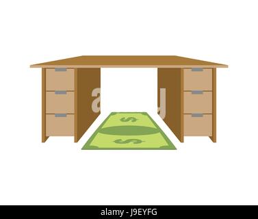 Table and rug dollar. Mat under feet of money bill. Large working office desk. Furniture with drawers Stock Vector