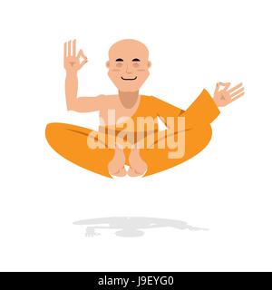Tibetan monk in an orange robe. Novice yoga. Buddhist in  lotus position. Meditation and enlightenment bald man. Recluse yogi Stock Vector