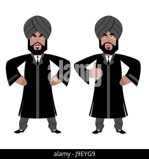 Indian Maharajah set. Angry, aggressive and good businessman in India. Hindu in turban and tie. Traditional costume. Sign all right. Thumbs up. Hand s Stock Vector