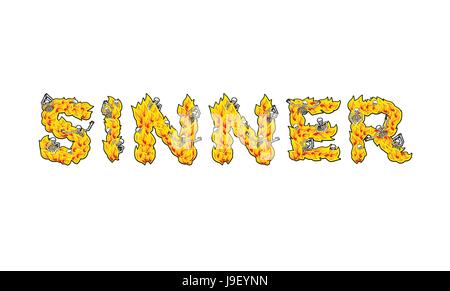 Sinner. Letters from flames. Skeletons in hell fire. Hellfire and bones. Cries of sinners Stock Vector