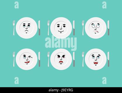 Emotions plate. Set expressions cutlery. Good and evil. Discouraged and cheerful. dining etiquette Stock Vector