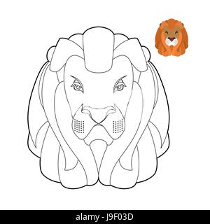 Lion coloring book. Head of predator with shaggy mane. Wild cruel animal savanna. Big Serious beast in linear style Stock Vector