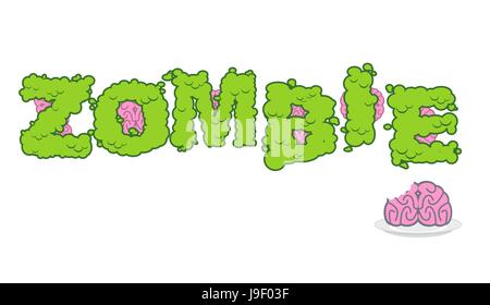 Zombie text. Green terrible letter and brains. horror Lettering and typography. Human brain on plate Stock Vector