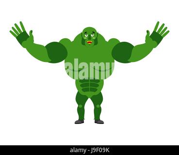Cheerful ogre spread his arms in an embrace. Good big green Troll. Lovely kind monster goblin Stock Vector