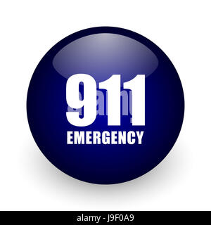 Number emergency 911 blue glossy ball web icon on white background. Round 3d render button. Stock Photo