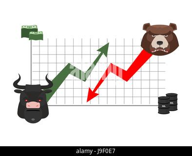 bull and bear finance. Rise and fall of quotations. Players on Exchange. Business chart, dollar and oil barrel. bulls  green up arrow. Bear red down a Stock Vector