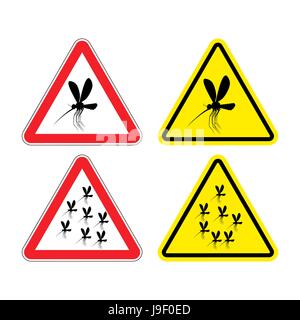 Warning sign attention mosquitoes. Hazard yellow sign Zika virus. flock of mosquitoes on red triangle. Swarm of mosquitoes. risk of malaria. Malaria m Stock Vector