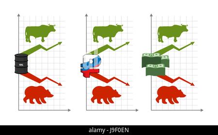 Bulls and bears. Rise and fall of quotations. Green up arrow.Red down arrow. Bear and bull. Barrel of oil. Russian ruble. stack of dollars. Players on Stock Vector