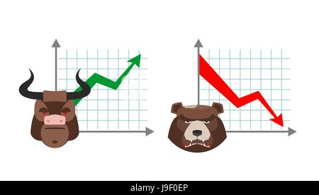 Bull business graph. Growing up green arrow. Bear business schedule. Drop quotes down red arrow. Players on the Exchange. Bulls and bears traders on s Stock Vector
