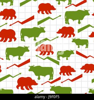 Bulls and bears seamless pattern. Exchange traders. Red up arrow. Green down arrow. Texture for business fabric. Grid business graph. Raising and lowe Stock Vector