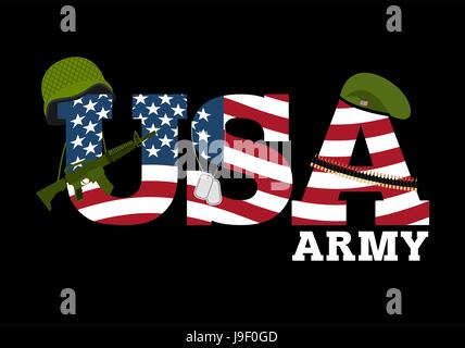 United States Army. Military equipment of America. Logo for American army. Amrik flag. Automatic and rifle. Soldiers beret. Military protective helmet Stock Vector