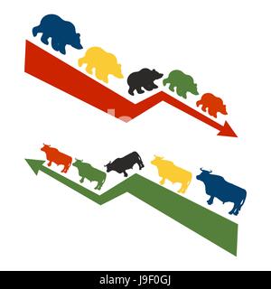 Bulls and bears. Rise and fall of quotations on stock exchange. Red down arrow international traders bears. Green up arrow world Raiders bulls Stock Vector
