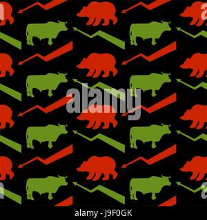 Bulls and bears traders seamless pattern. Green Red Bull and bear. Rise and fall of course. Green arrow up. Red arrow down. Texture for Exchange fabri Stock Vector