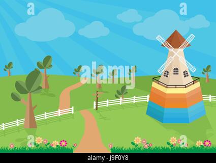 Rural landscape with windmill, vector illustration. Stock Vector