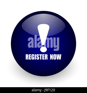 Register now blue glossy ball web icon on white background. Round 3d render button. Stock Photo